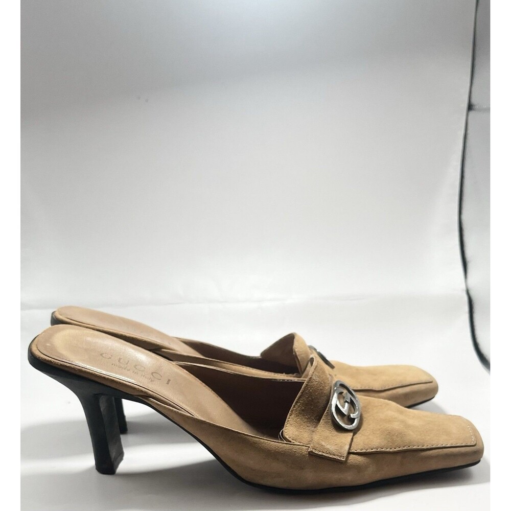 GUCCI Mules Tan Suede Kitten Heels GG Logo Slip On Vintage TOM FORD Era Sz 37 7 - Picture 9 of 16